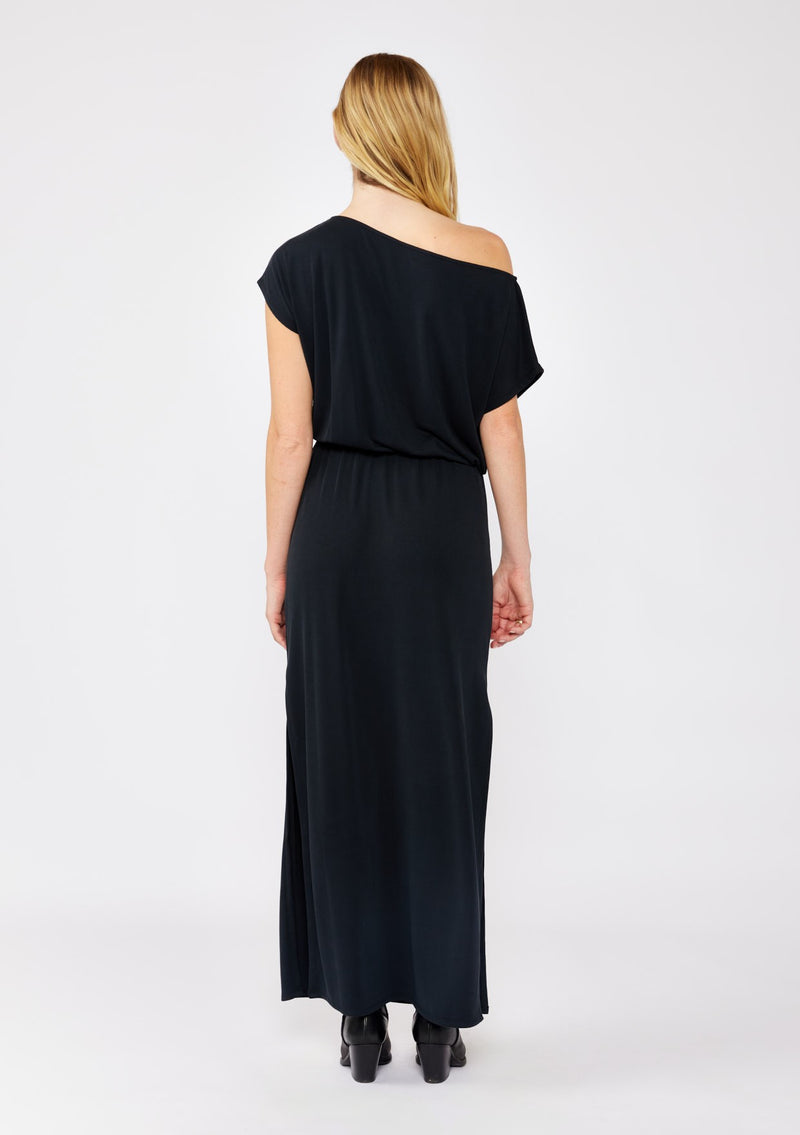 BOAT NECK SIDE SLIT MAXI DRESS - BLACK