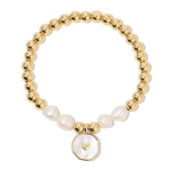 HEART + PEARL BEADED CHARM BRACELET - GOLD