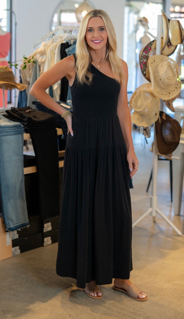 ELAN ONE SHOULDER MIDI DRESS - BLACK