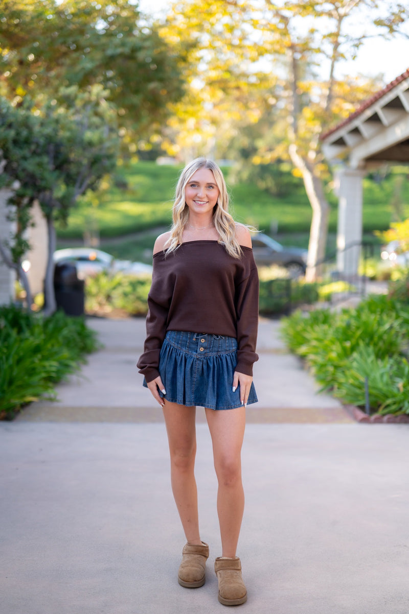 PINTUCK FLARED DENIM MINI SKIRT - DENIM