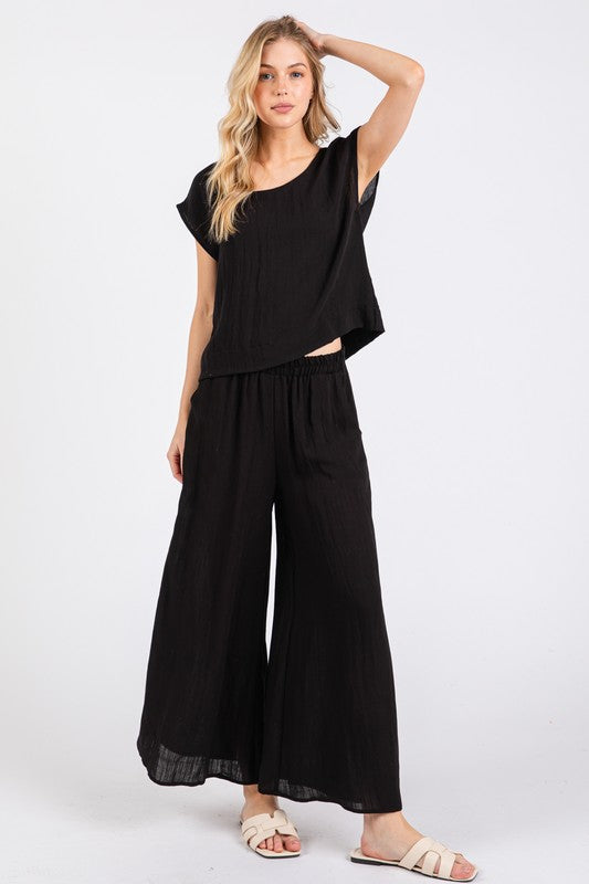 WOVEN GAUZE WIDE LEG PANTS - BLACK