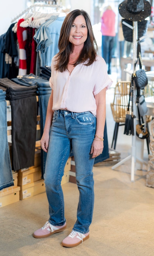 SHORT SLEEVE BUTTON FRONT BLOUSE - BABY PINK