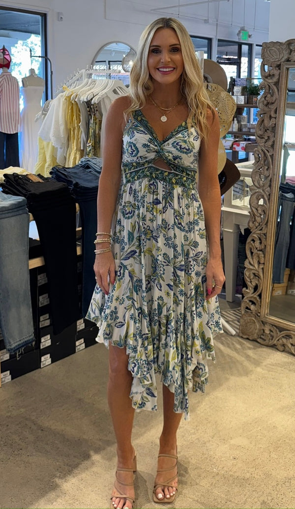 TWIST FRONT HANKY HEM MIDI DRESS - IVORY/BLUE