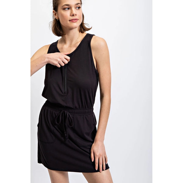 CINCHED WAIST ROMPER TANK DRESS - BLACK