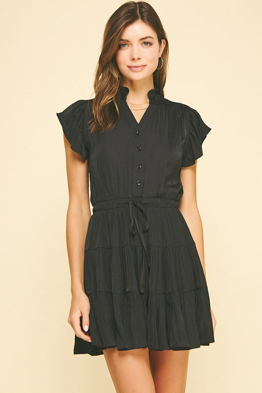 BUTTON DOWN TIERED MINI DRESS - BLACK