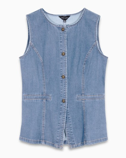 SLEEVELESS LONGLINE DENIM VEST - LIGHT DENIM