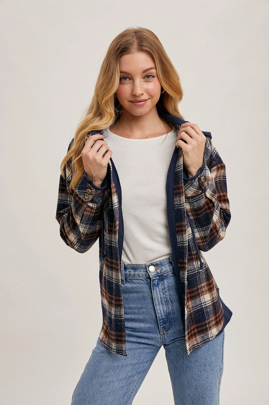 BUTTON DOWN HOODED PLAID JACKET - NAVY