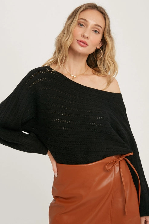 TEXTURED LOOSE KNIT SWEATER - BLACK