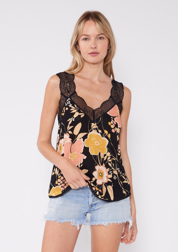 SILVANA FLORAL LACE TANK TOP - BLACK/DUSTY CORAL