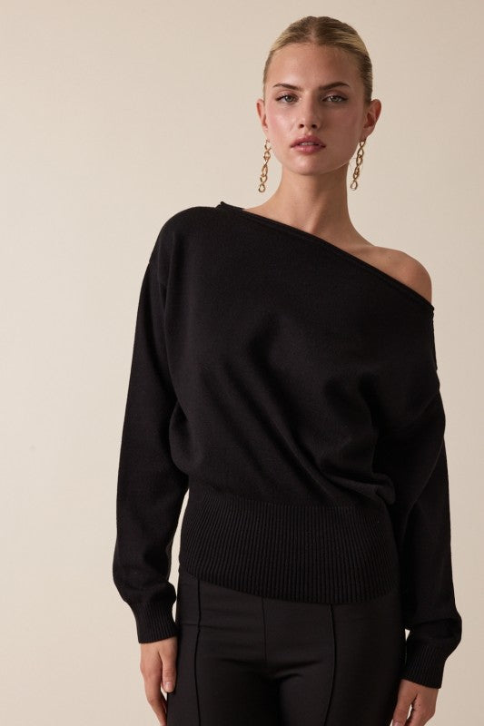 ONE SHOULDER KNIT SWEATER - BLACK
