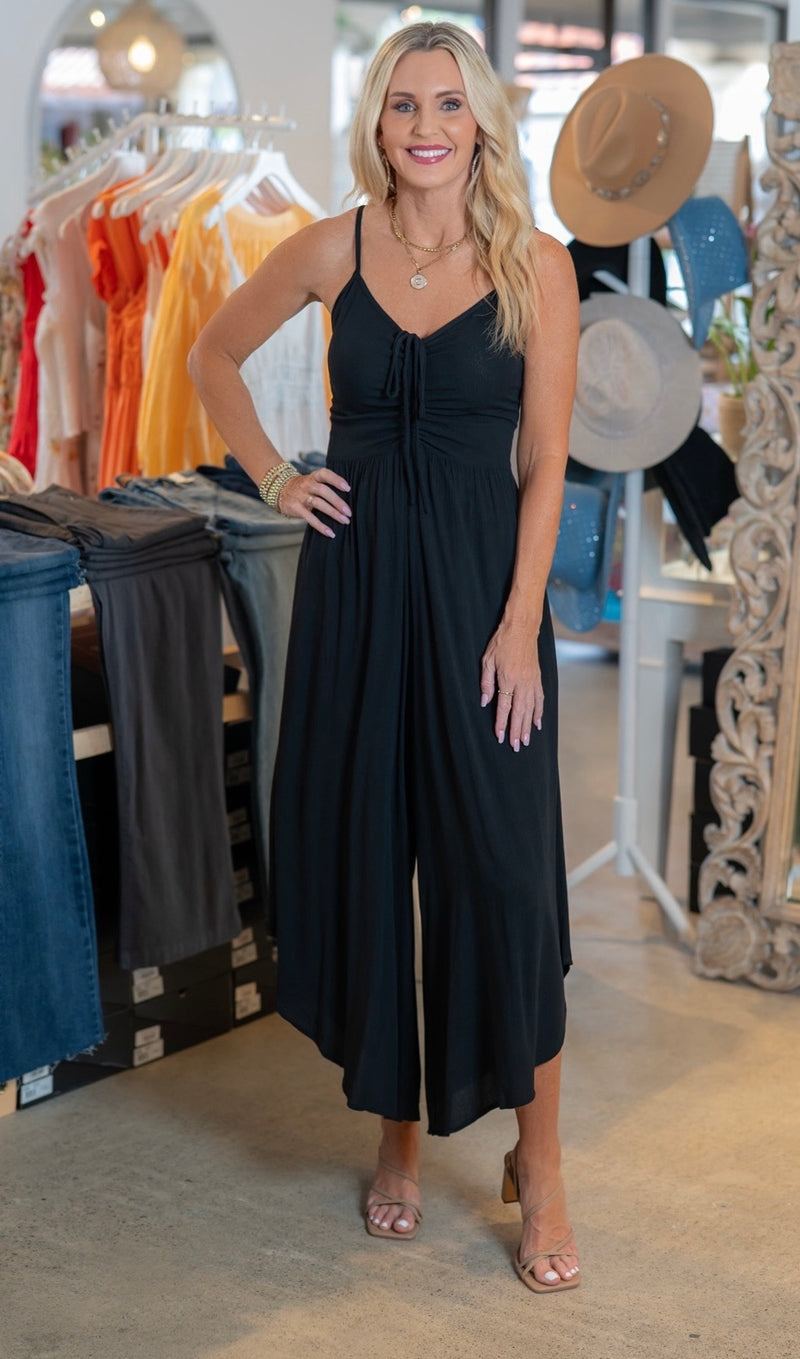 FRONT RUCHED MIDI JUMPSUIT - BLACK