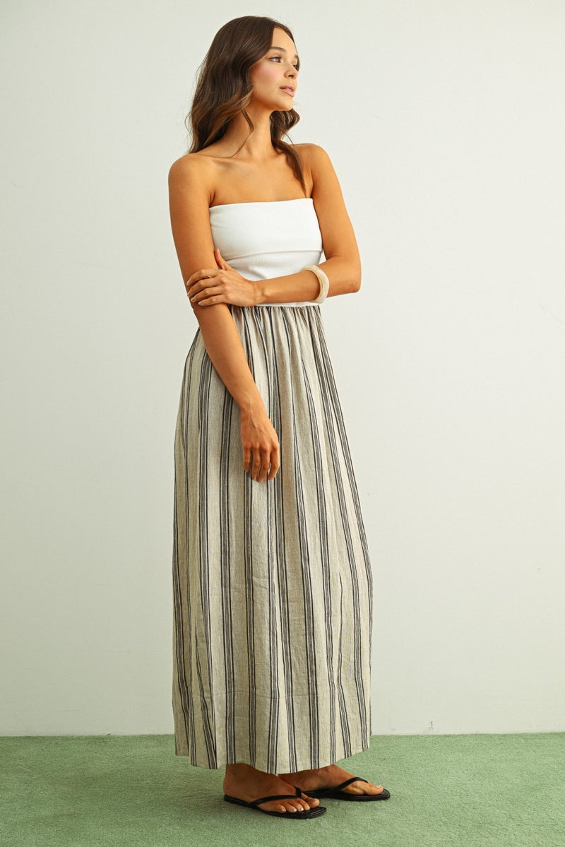 STRIPED STRAPLESS MAXI DRESS