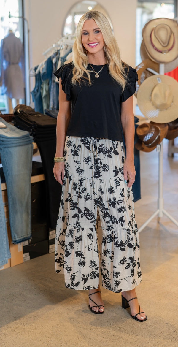 FLORAL BOHO MAXI SKIRT - IVORY/BLACK