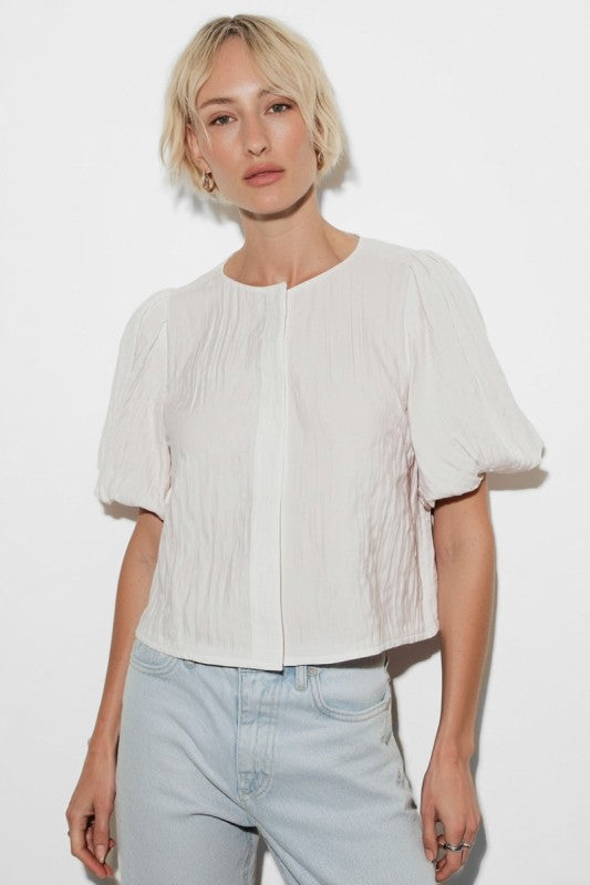 PUFF SLEEVE BUTTON UP BLOUSE - WHITE