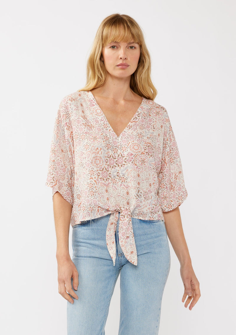 KIMONO TIE FRONT TOP - NATURAL/DUSTY PINK