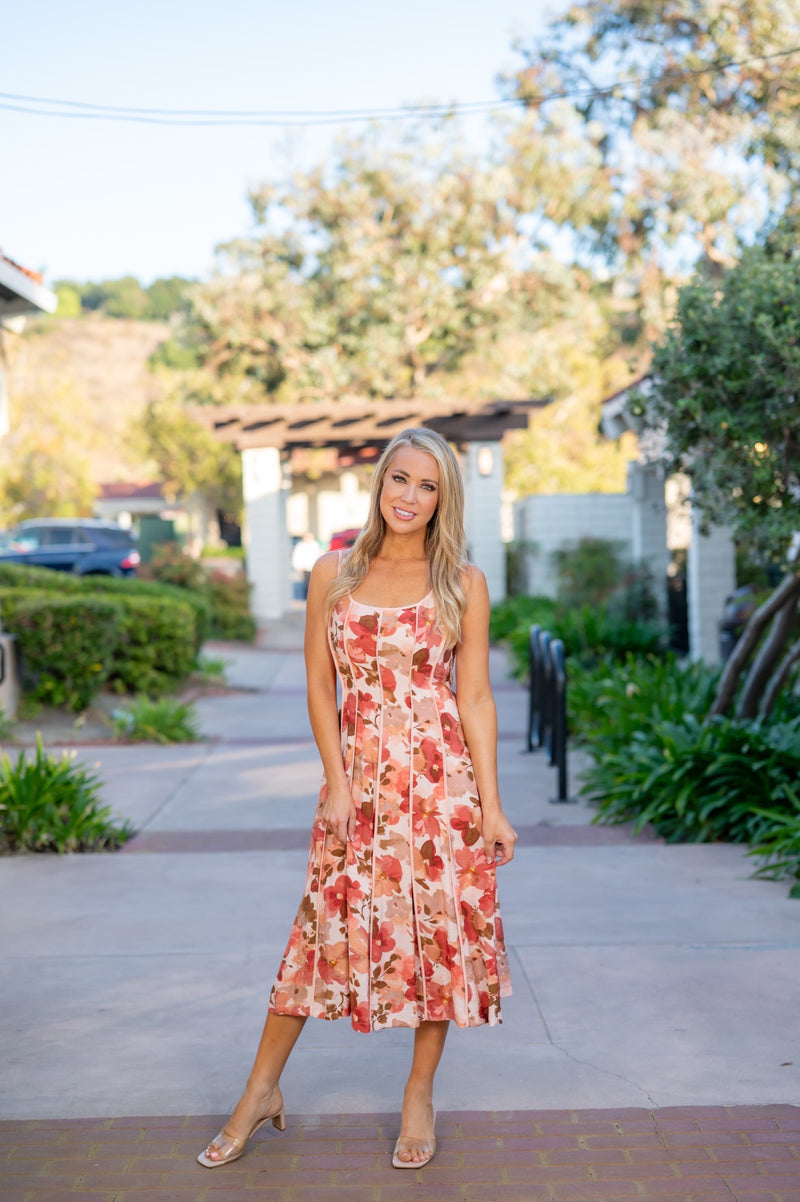 CONTRAST BINDING MIDI DRESS - RUST MULTI