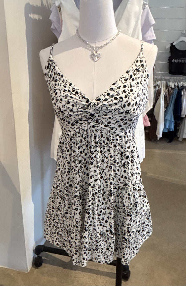 DITSY FLORAL TWIST FRONT MINI DRESS - IVORY/BLACK