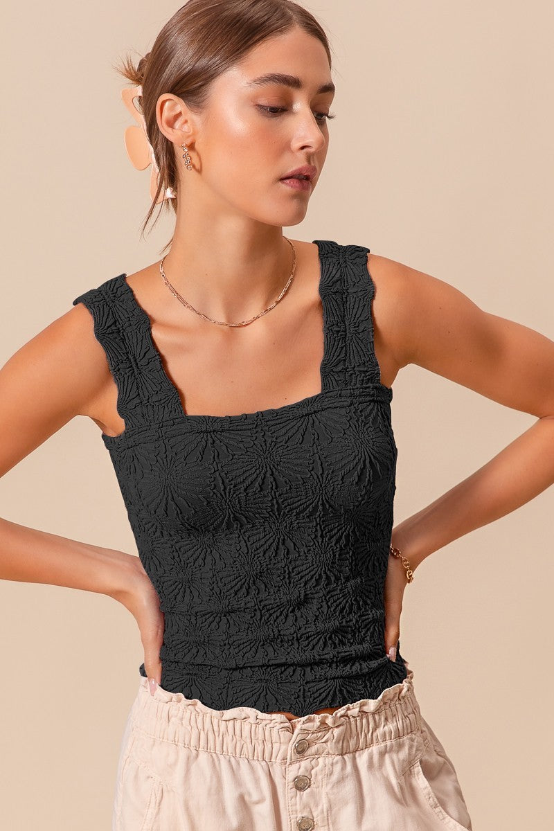 FLORAL JACQUARD TANK TOP - BLACK