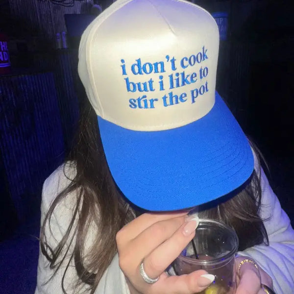 I DON'T COOK  BUT... TRUCKER HAT - CREAM/ROYAL BLUE