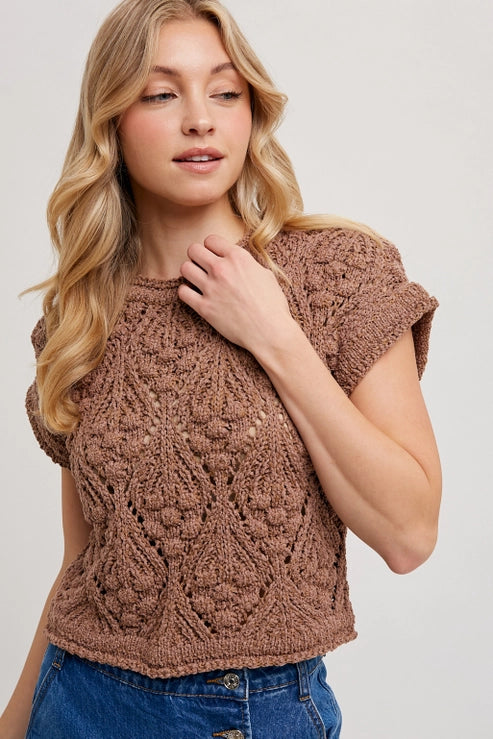KNIT SHORT SLEEVE SWEATER - MOCHA