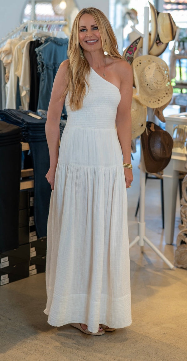 ELAN ONE SHOULDER MIDI DRESS - WHITE
