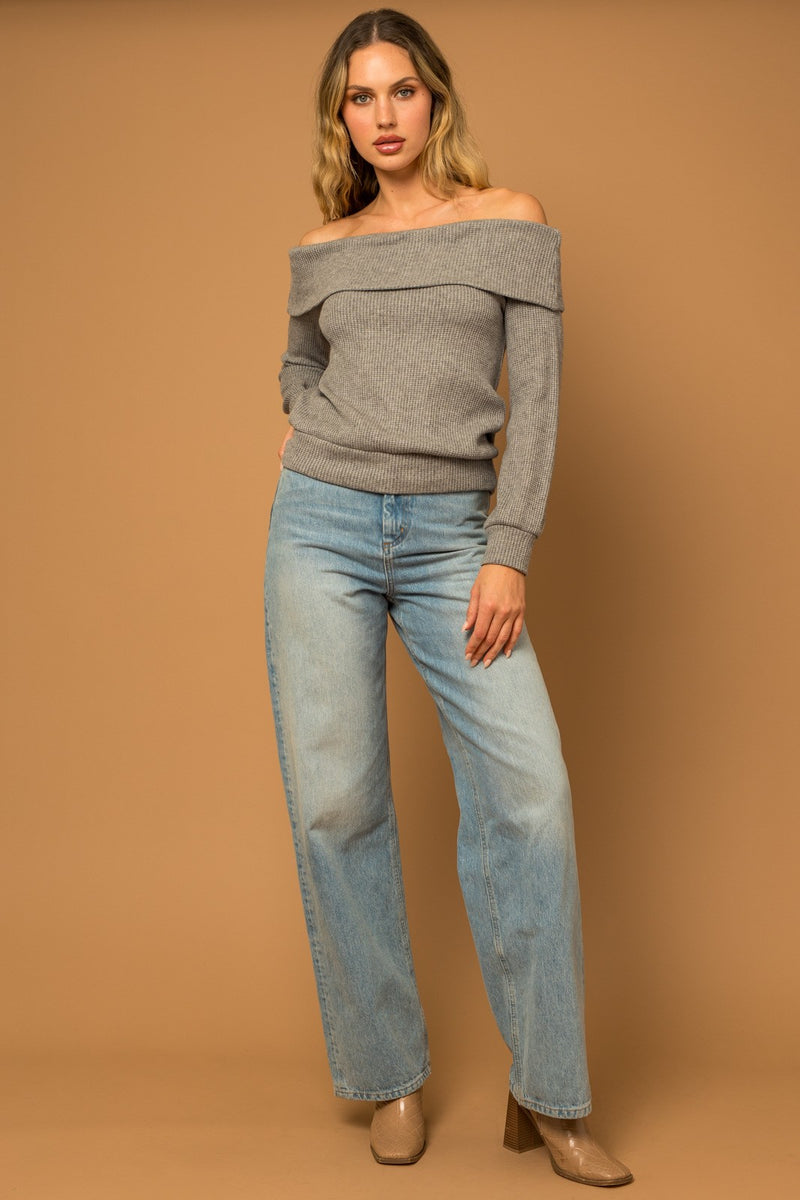 WAFFLE KNIT OFF THE SHOULDER  TOP - H GREY