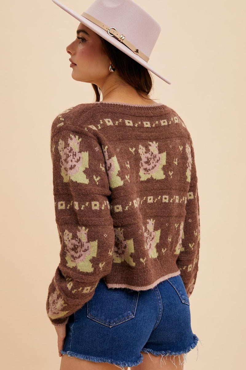 FLORAL JACQUARD CARDIGAN - CHESTNUT