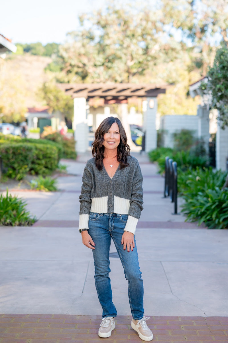 ELAN CARRIE SWEATER CARDIGAN - GREY WHITE COLOR BLOCK