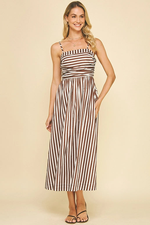 STRIPED MIDI DRESS - BROWN
