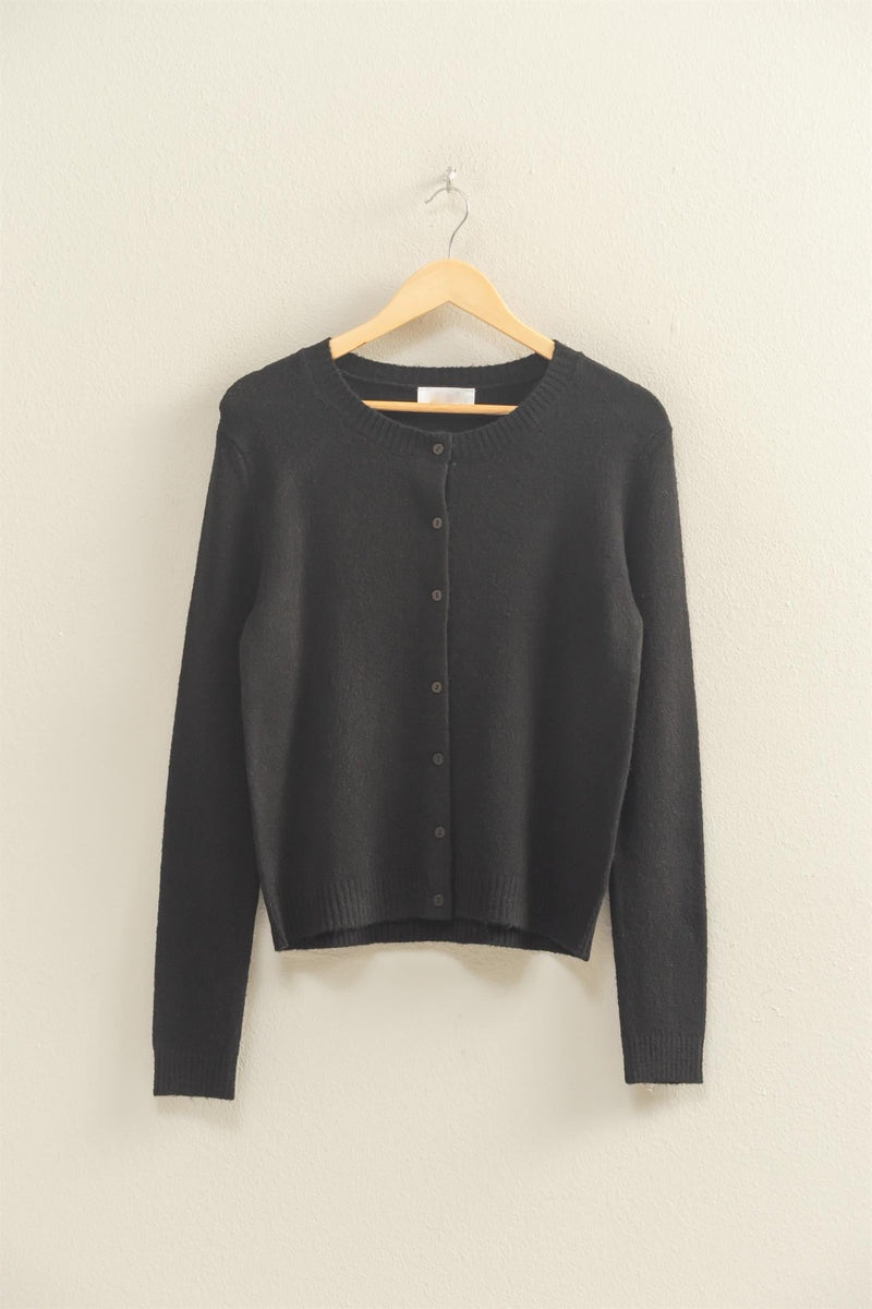 CREW NECK BUTTON UP CARDIGAN - BLACK