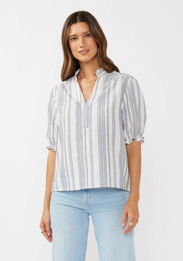 YARN DYED STRIPED PUFF SLEEVE TOP - NAVY/NATURAL