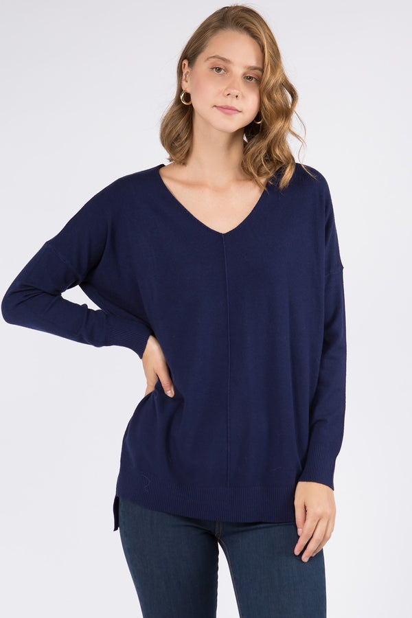 V-NECK SWEATER WITH FRONT SEAM DETAIL - NAVY