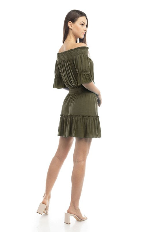 OFF SHOULDER SMOCKED MINI DRESS - DUSTY OLIVE
