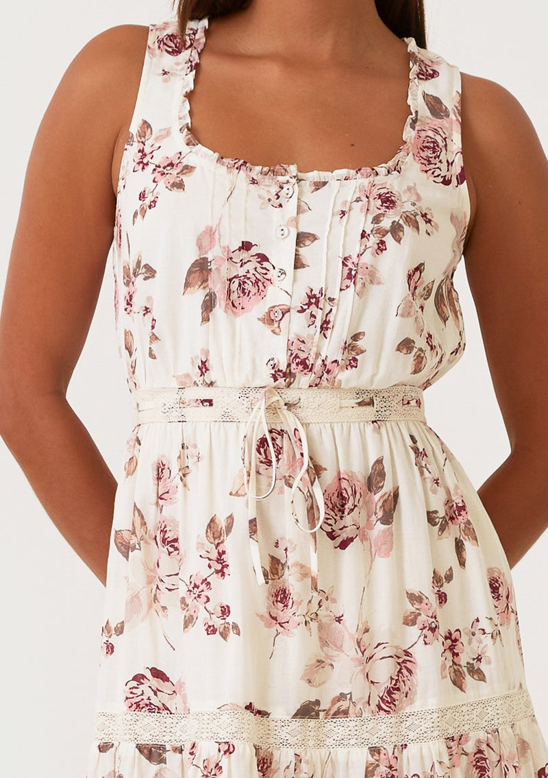 FLORAL TIERED MIDI DRESS - NATURAL/DUSTY WINE
