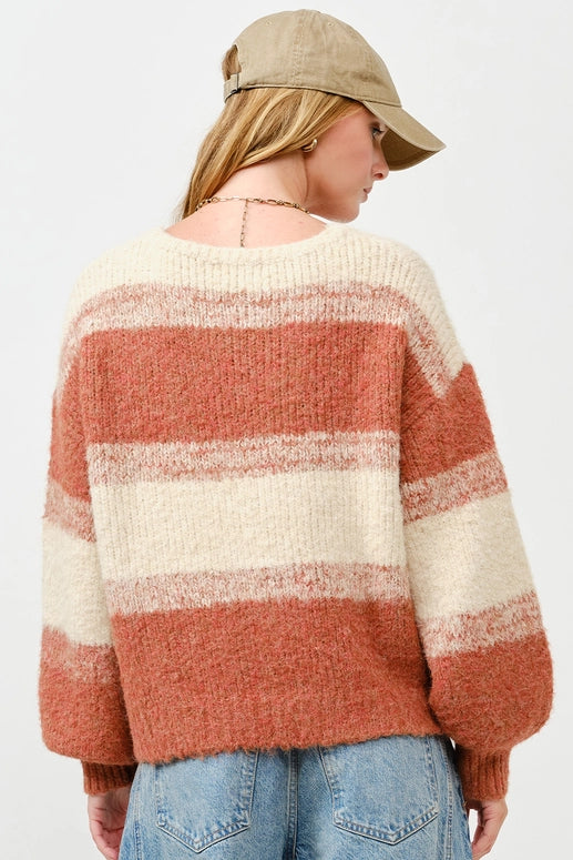 COLOR BLOCK FUZZY KNIT SWEATER - OATMEAL/RUST
