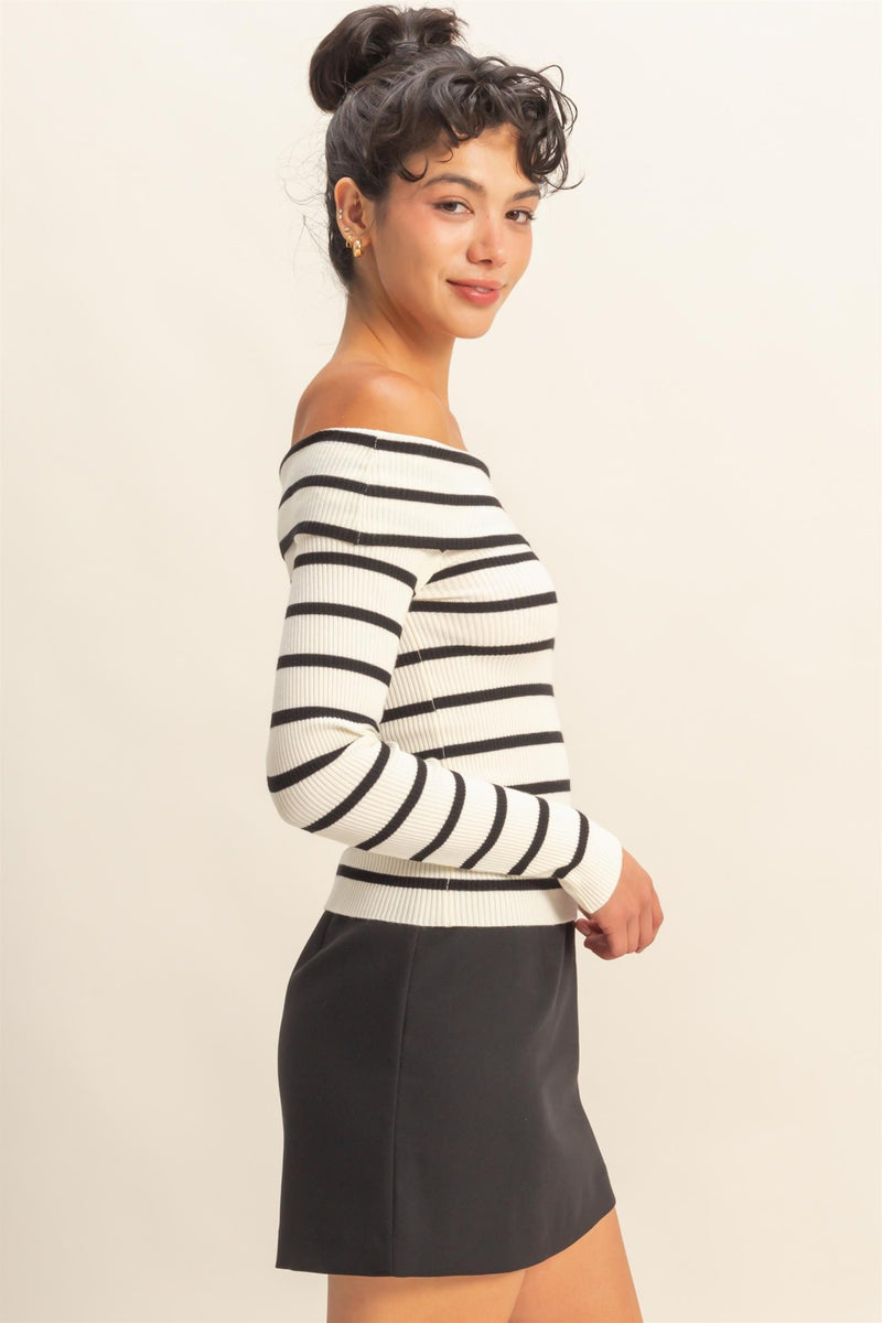 STRIPED OFF-SHOULDER KNIT TOP - CREAM/BLACK