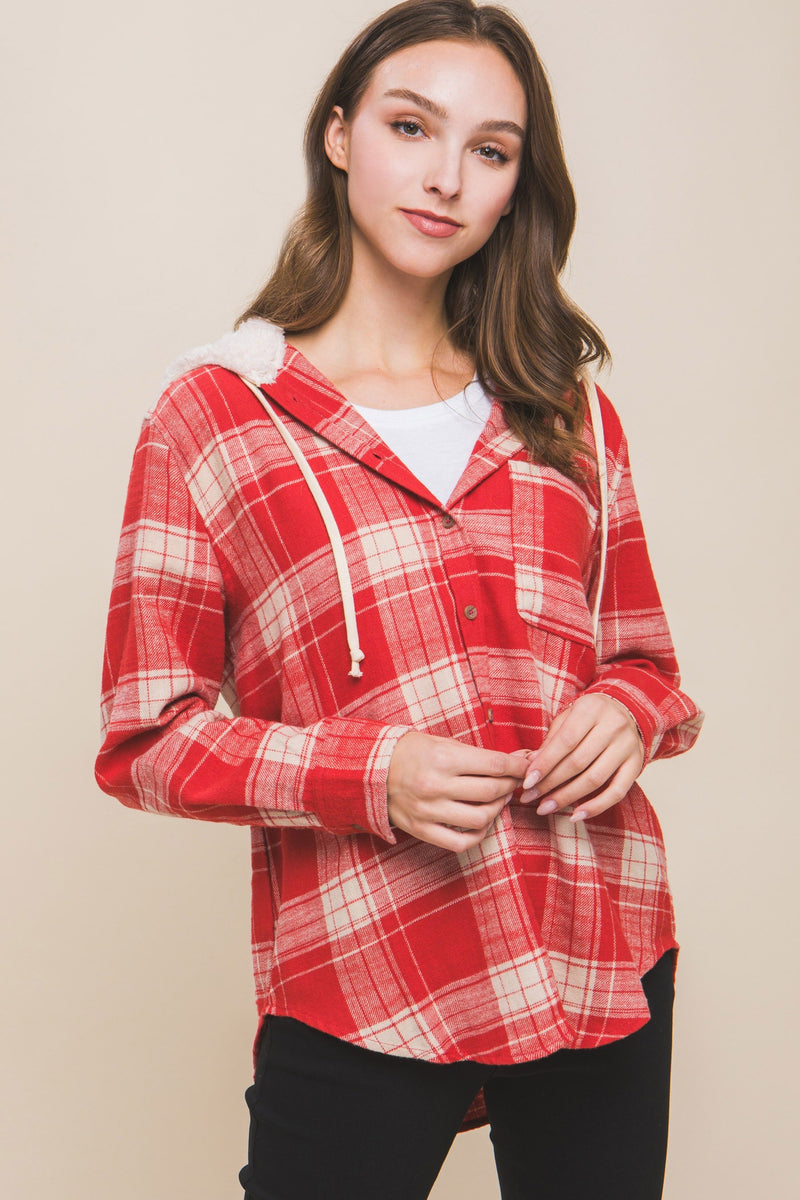 PLAID FLANNEL SHACKET WITH HOOD - RED