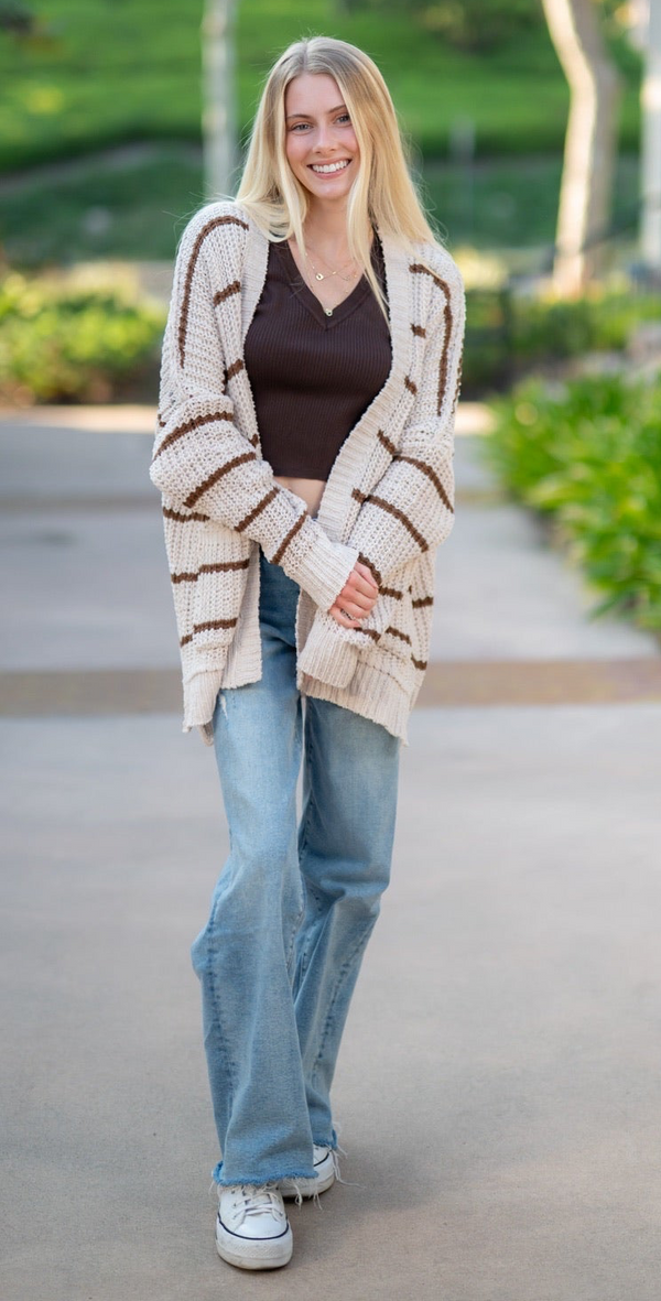 STRIPED CHENILLE CARDIGAN - BEIGE/KHAKI