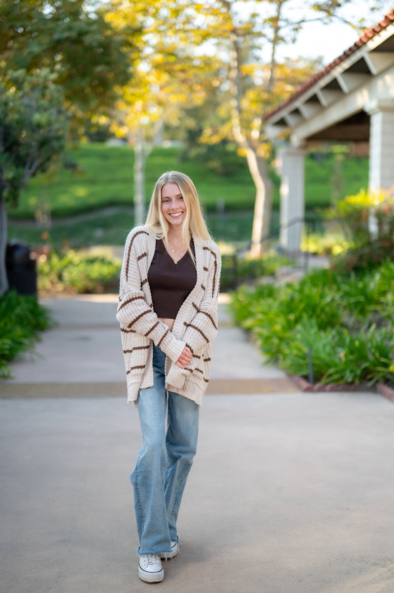 STRIPED CHENILLE CARDIGAN - BEIGE/KHAKI