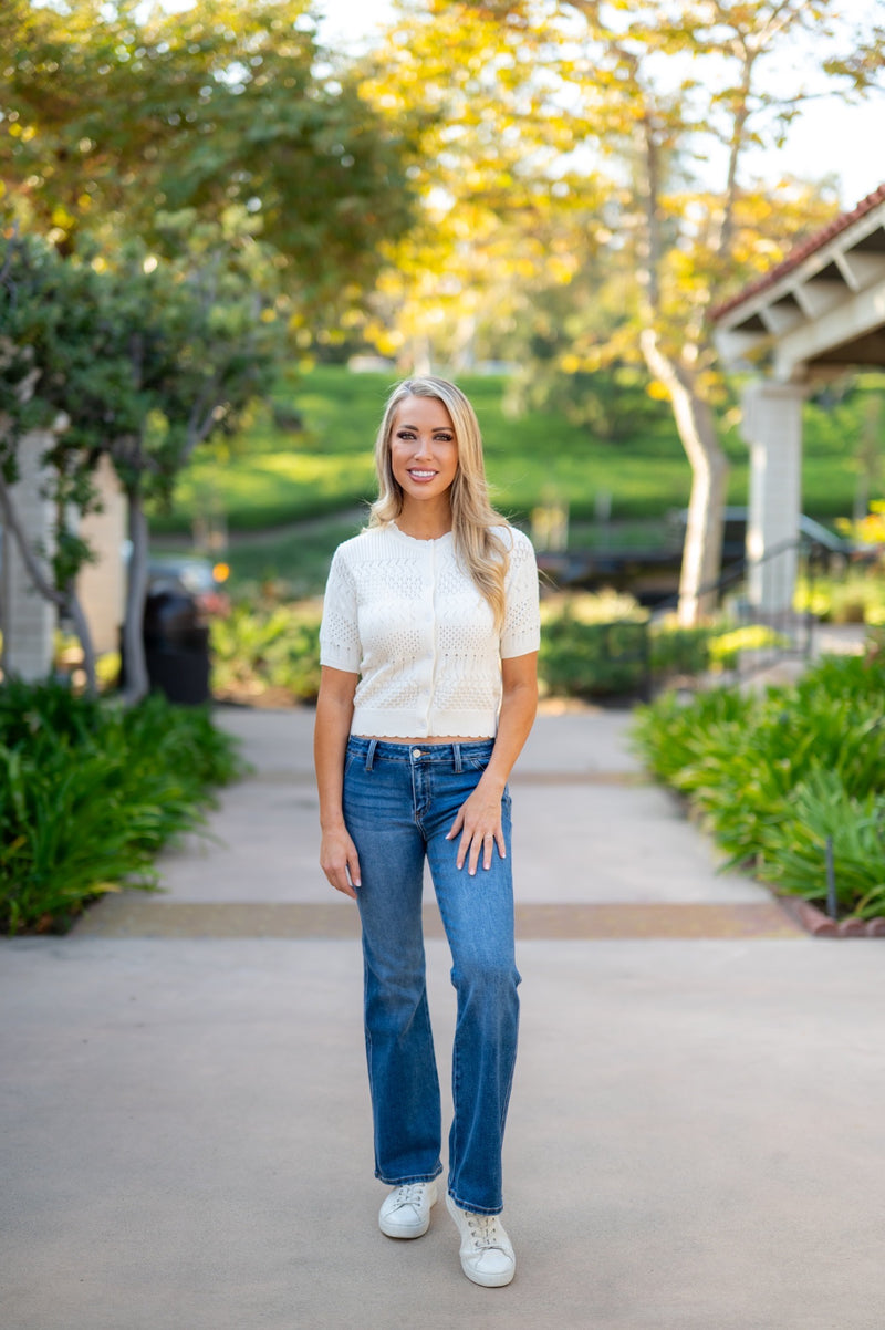 POINTELLE KNIT SLEEVE CARDIGAN - IVORY