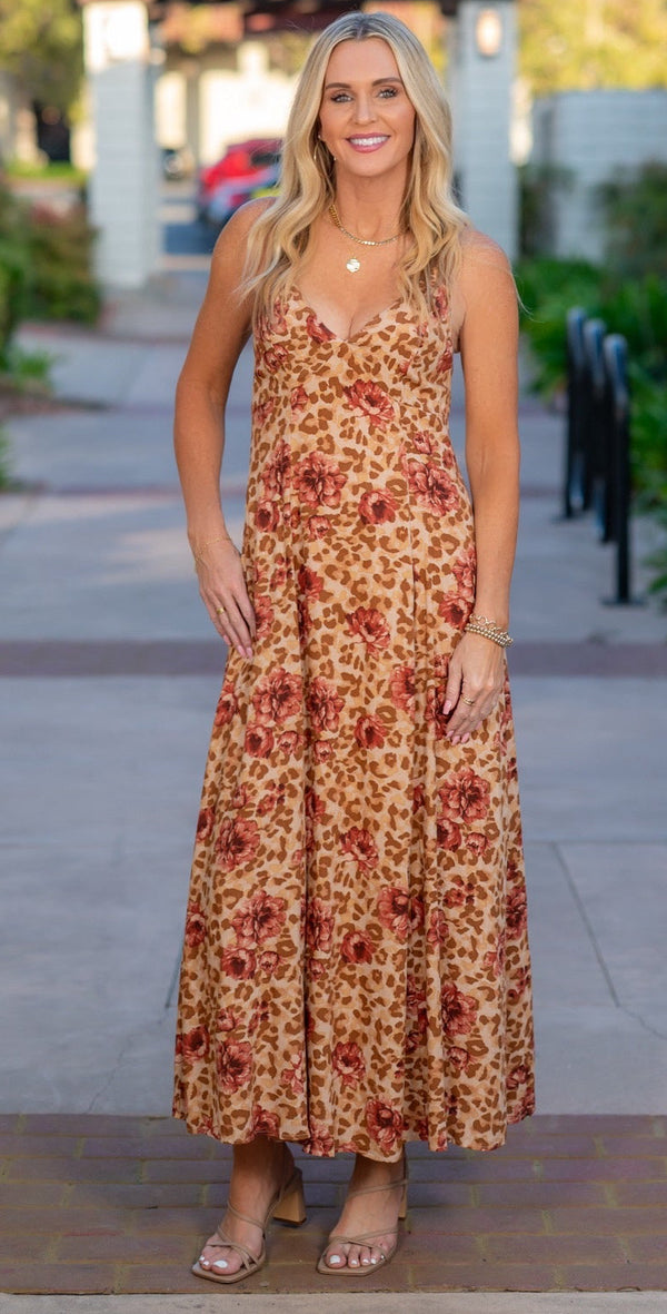 FLORAL PRINT OPEN BACK MAXI DRESS - RUST MULTI