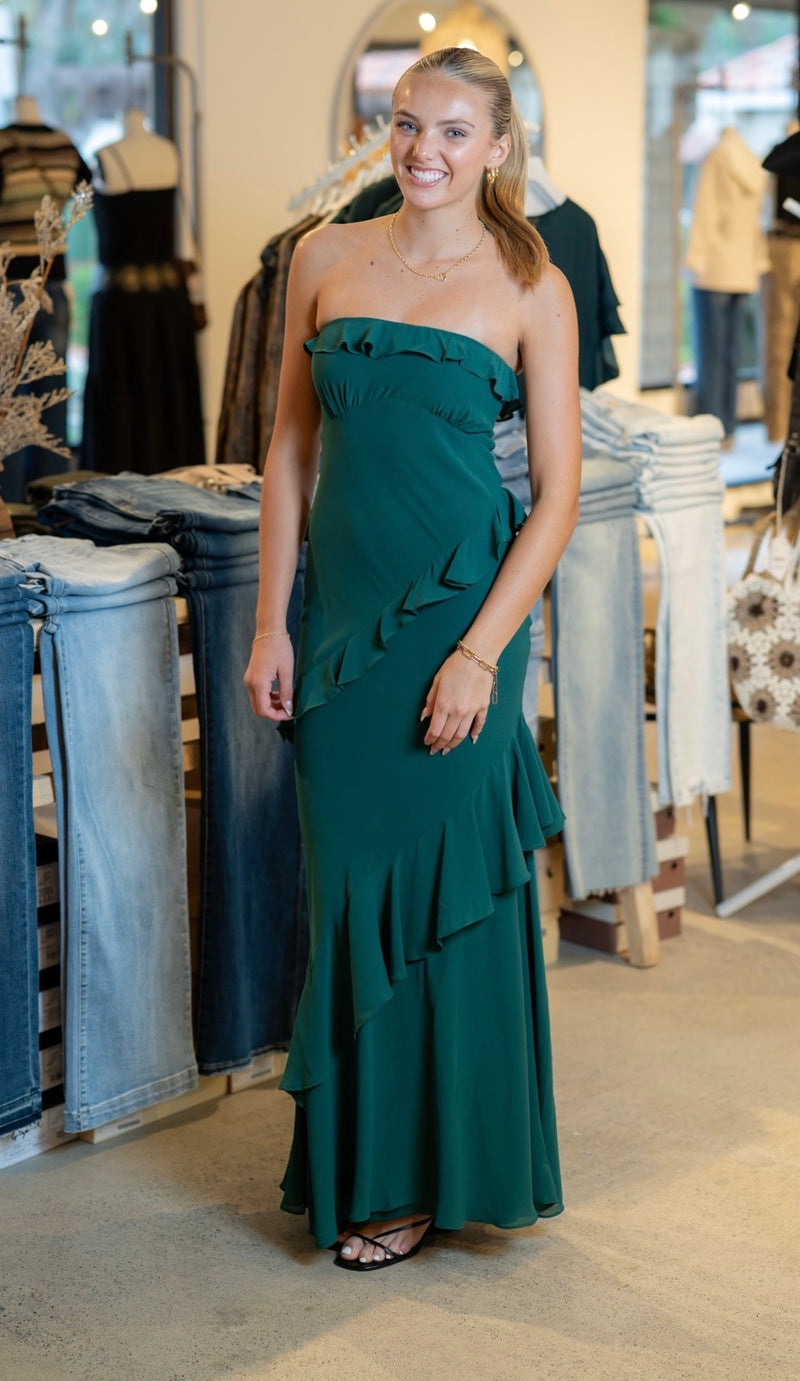 STRAPLESS RUFFLE MAXI DRESS - KALE