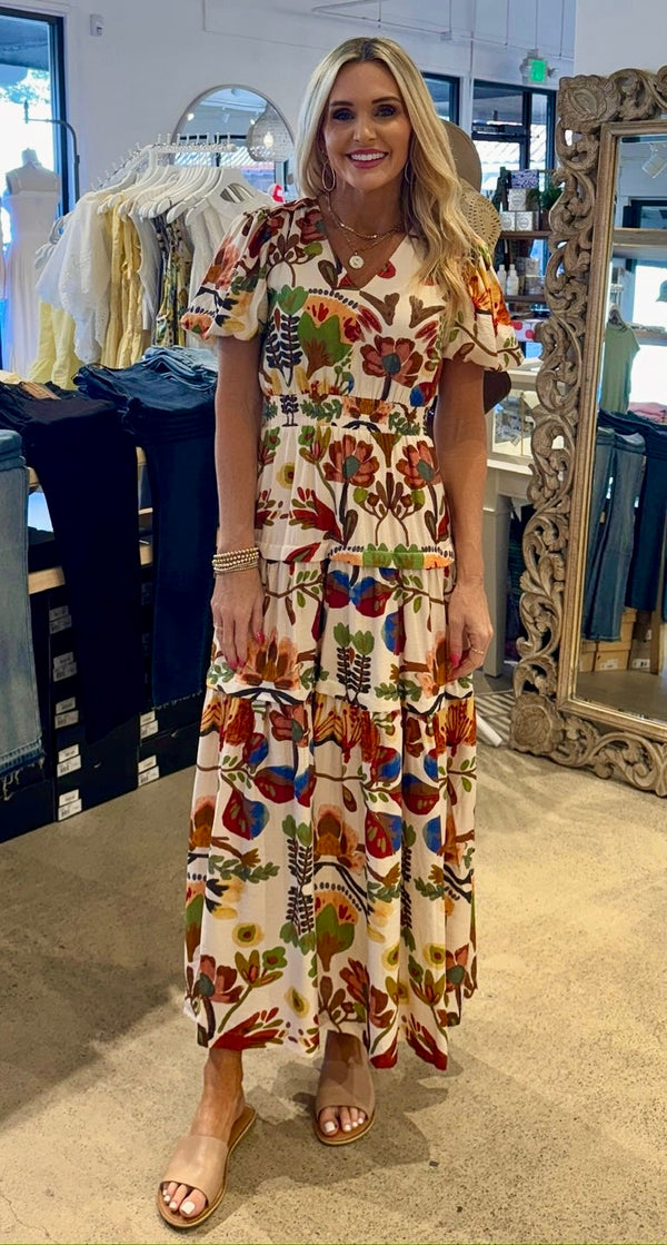 FLORAL PRINT TIERED MAXI DRESS - IVORY/RED