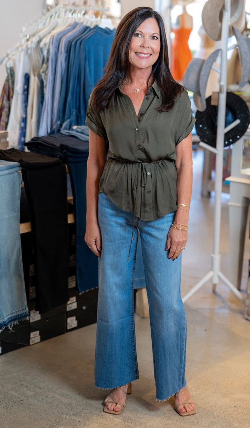 BUTTON FRONT BLOUSE WITH DRAWSTRING WAIST - OLIVINE