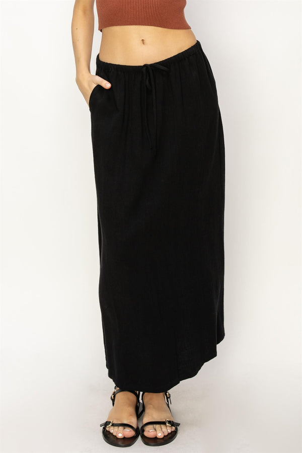 LINEN BLEND MIDI SKIRT - BLACK