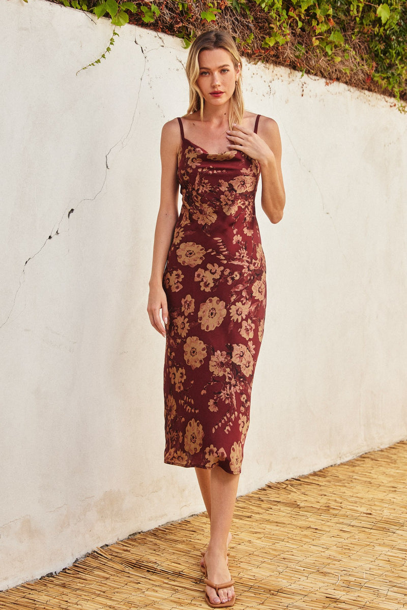 COWL NECK X BACK MIDI DRESS - BRONZED MERLOT