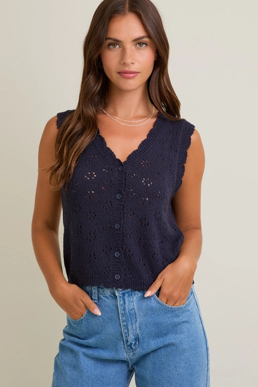 SCALLOPED EDGE SWEATER VEST - NAVY