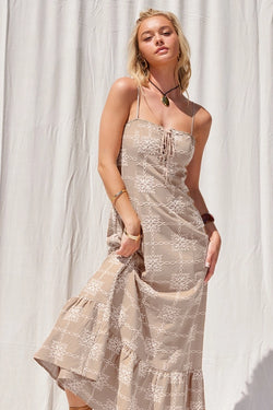 EMBROIDERED LINEN DRESS - TAUPE