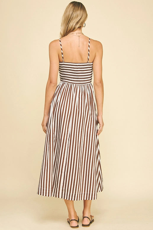 STRIPED MIDI DRESS - BROWN