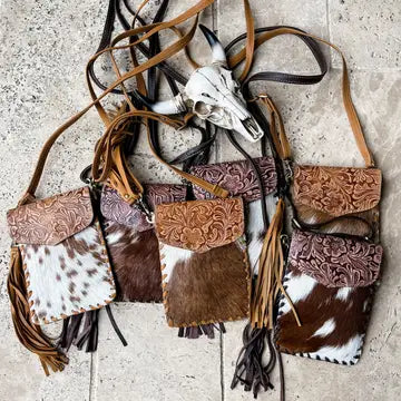 WESTERN COWHIDE PHONE CROSSBODY BAG - TAN